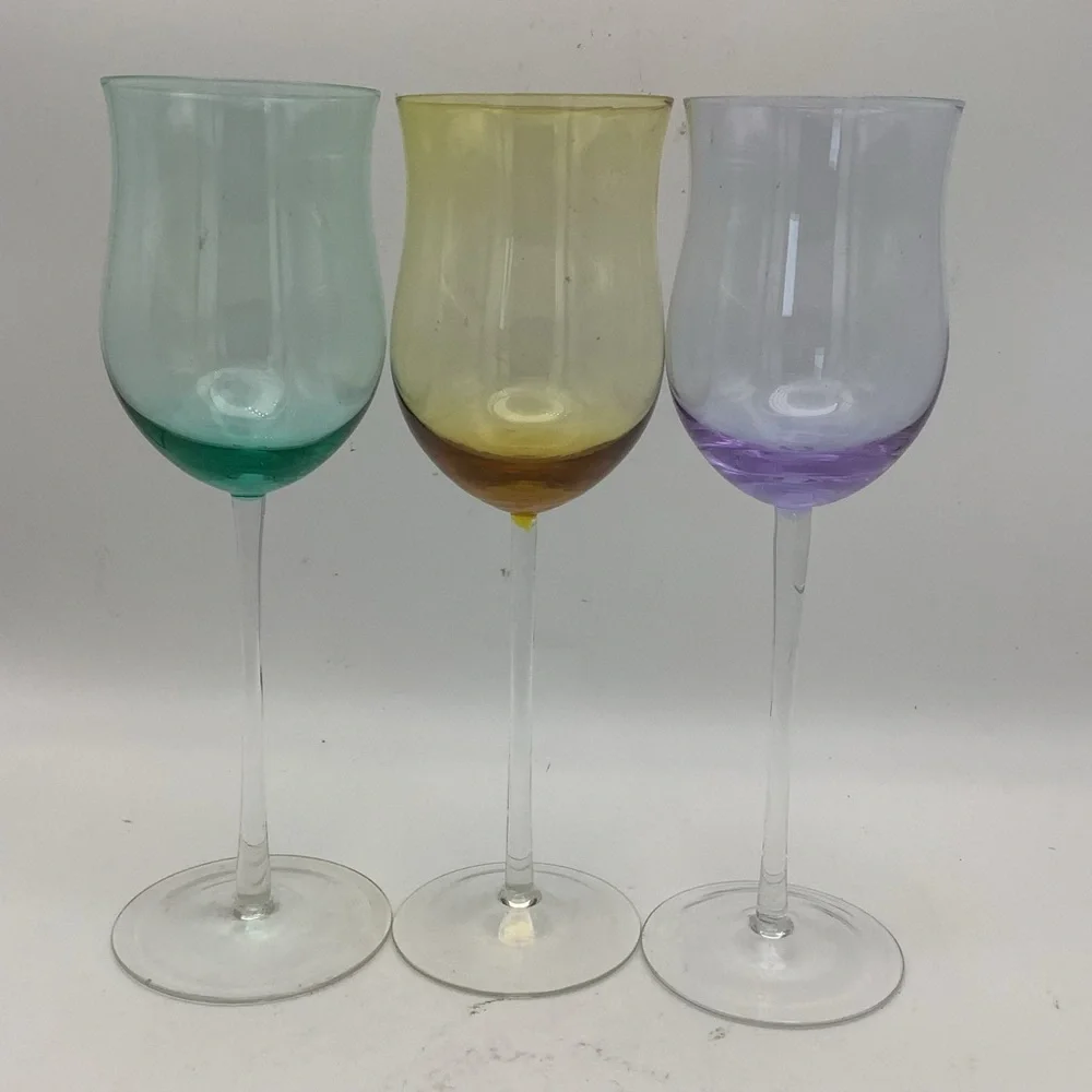 Six Spectrum Hand Blown Crystal Tulip Wine Goblets